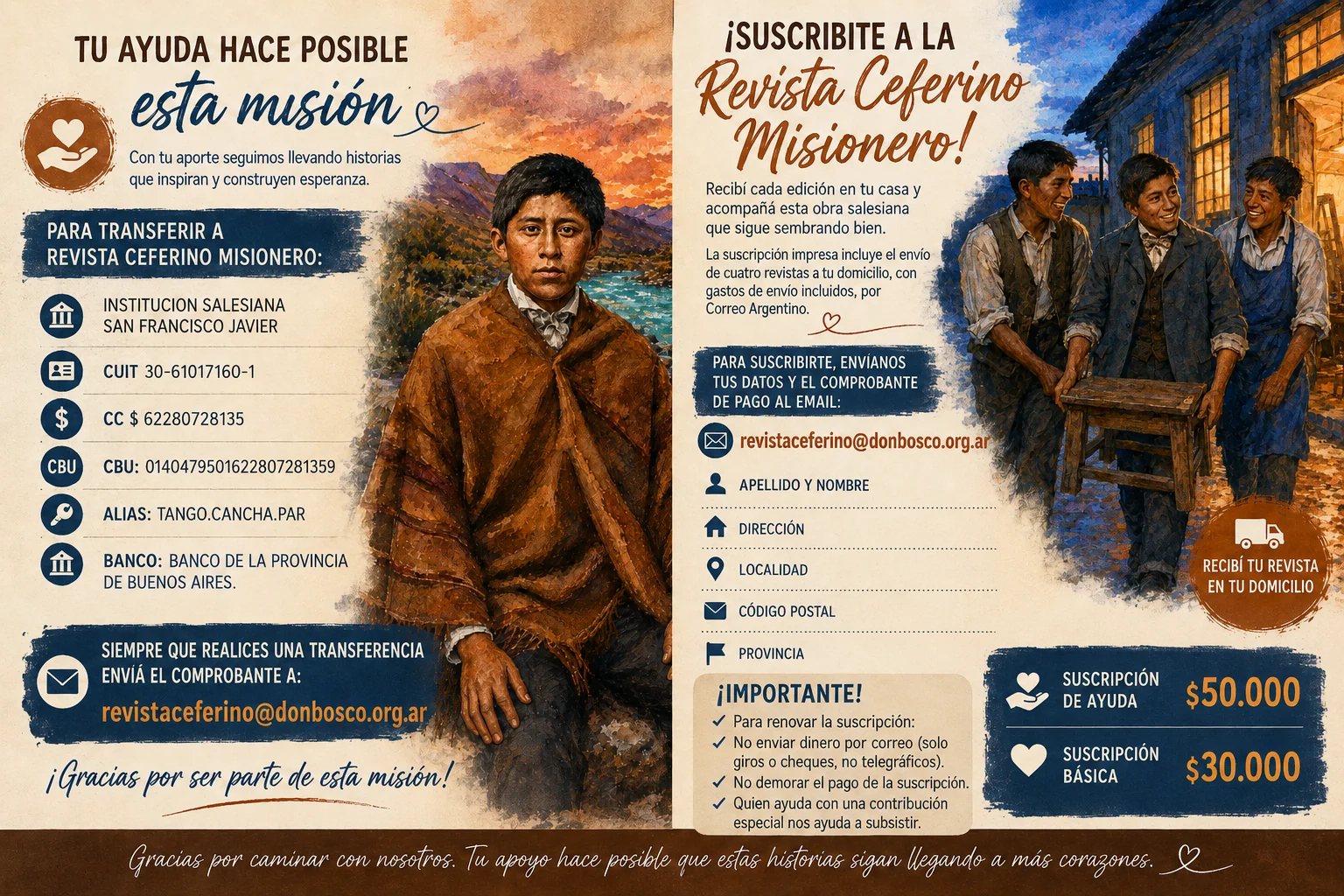 Datos corregidos para transferencias y suscripciones de Revista Ceferino Misionero