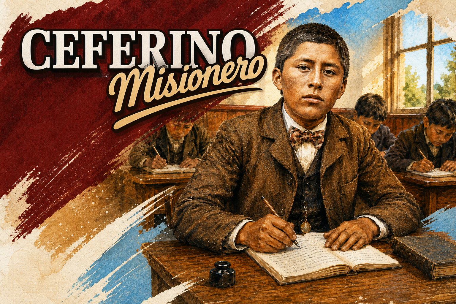 Ceferino estudiando en una escuela, portada juvenil de Ceferino Misionero